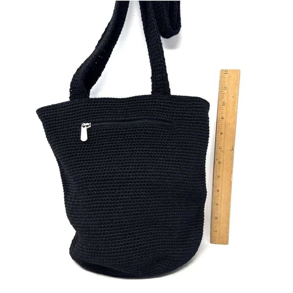 The Sak Crochet Hobo Bucket Bag Black Double Shoulder Strap Boho Euro Summer